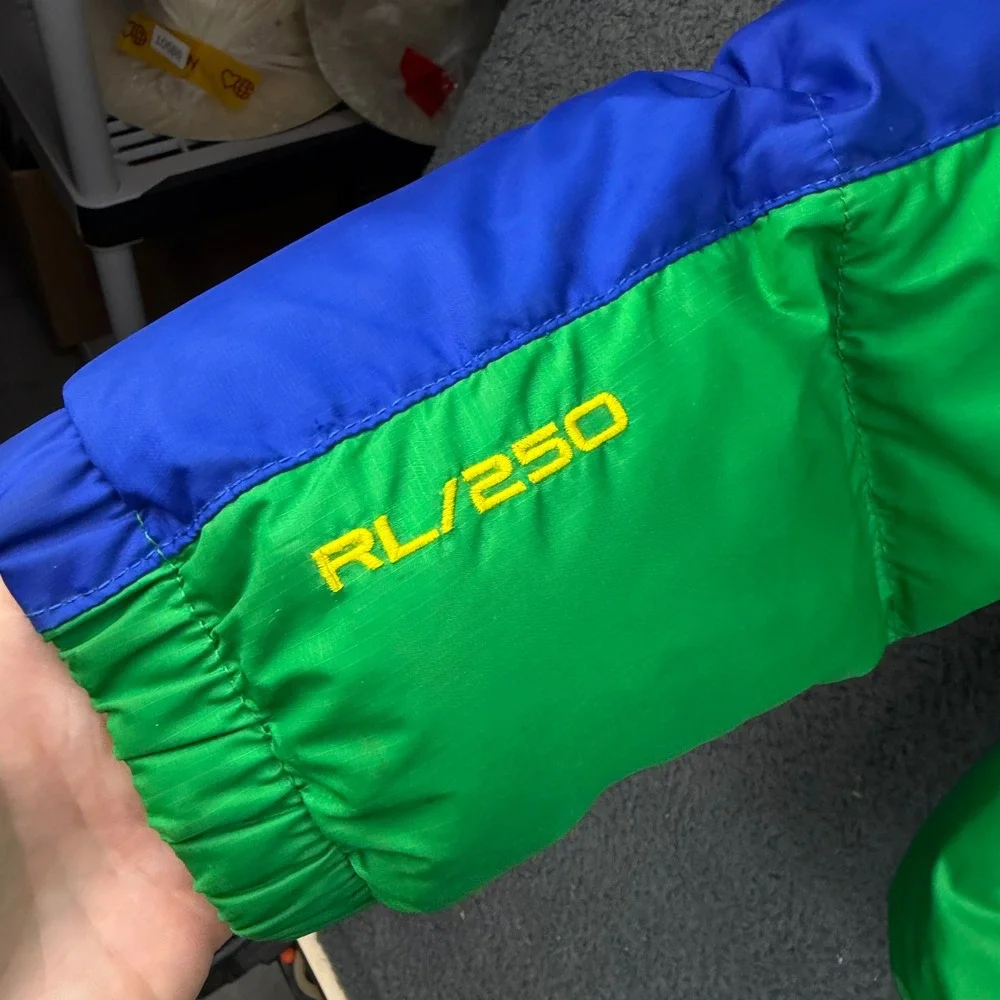 Polo Ralph Lauren Mens RL250 Down Puffer Jacket Green Blue Red Colorblock Size M